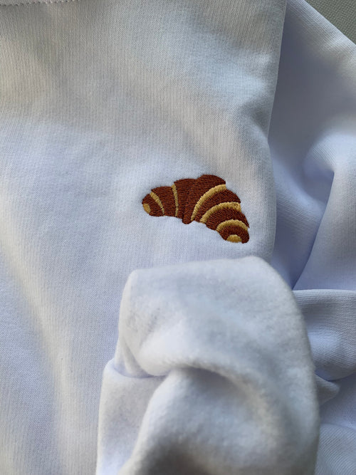 French Croisant - White Emboidered Organic Cotton Hoodie Side Pockets