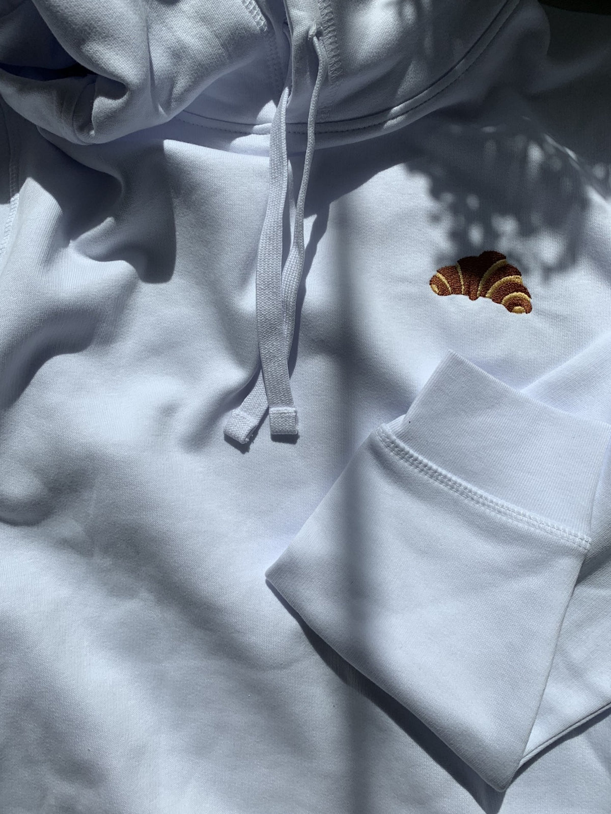 French Croisant - White Emboidered Organic Cotton Hoodie Side Pockets