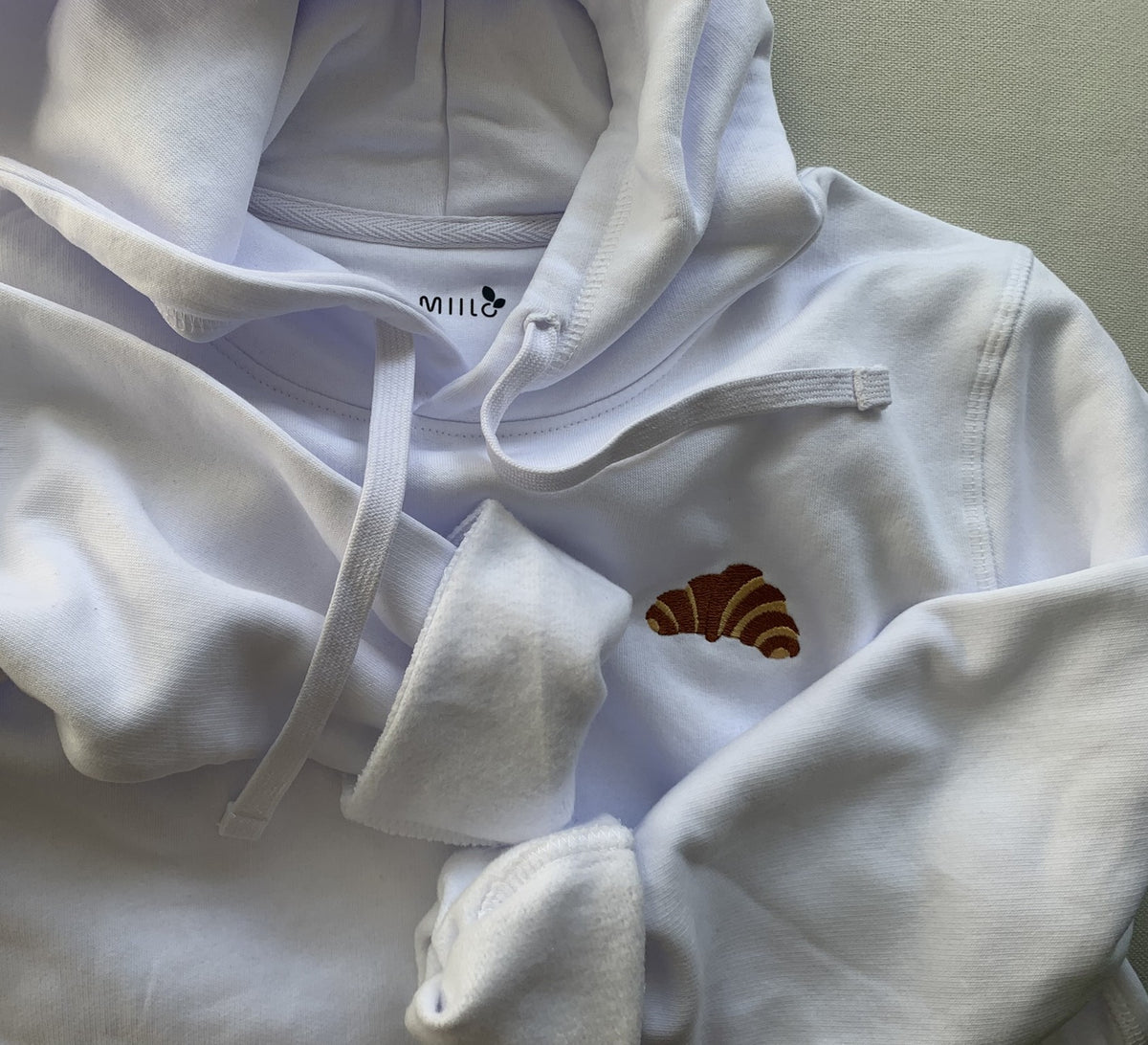French Croisant - White Emboidered Organic Cotton Hoodie Side Pockets