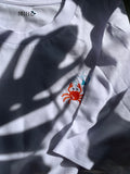 white short-sleeve vneck medium fit t-shirt with a small embroidered red crab on the chest