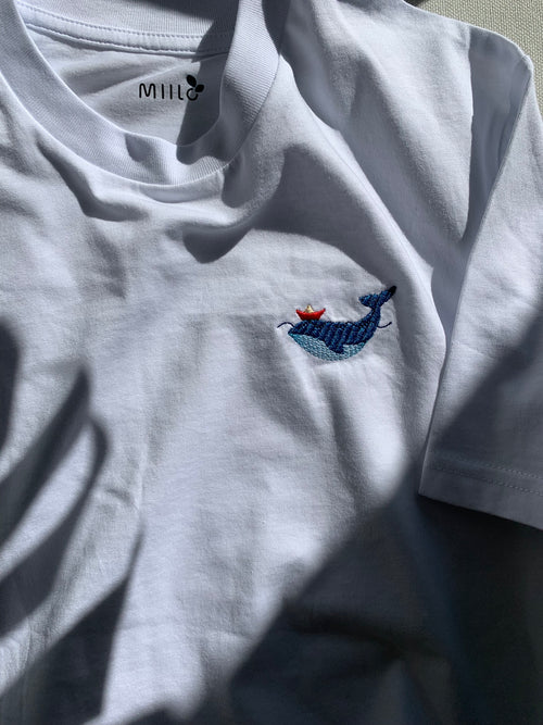 The Whale And The Boat - White Embroidered Organic Cotton T-shirt