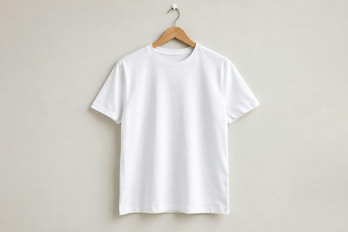 White t-shirt on a wooden hanger against a plain background to illustrate garment care instructions